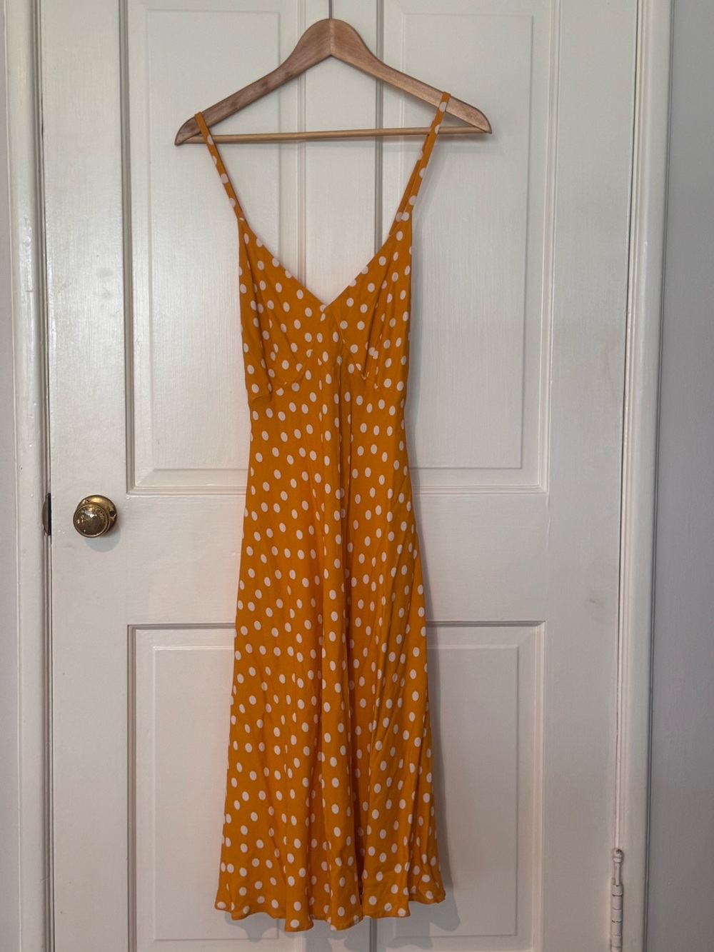 Spaghetti-Strap Mustard Polka Dot Midi Dress